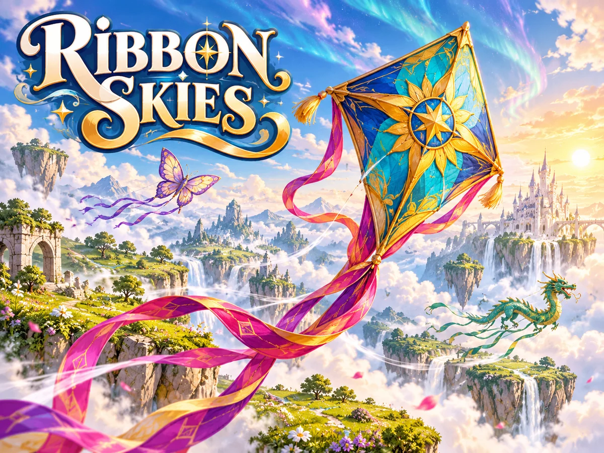 Ribbon Skies: a cyan-and-gold kite above floating fantasy islands